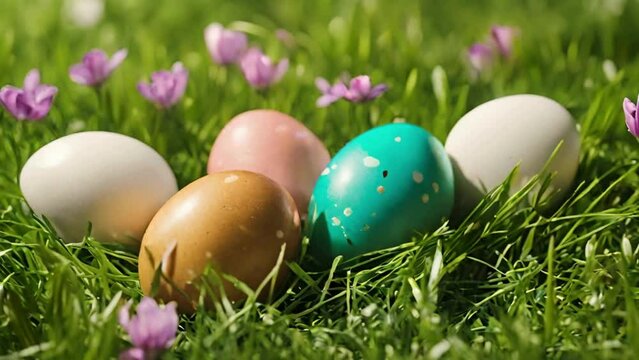 Colorful easter eggs on grass. Happy easter cover, background, backdrop 4K Video Animation