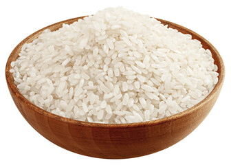 Rice in wooden bowl, isolated on white background, full depth of field