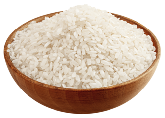 Rice in wooden bowl, isolated on white background, full depth of field