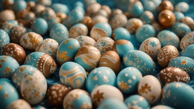 Decorated easter eggs on blue background 4K Video. Happy easter cover, backdrop