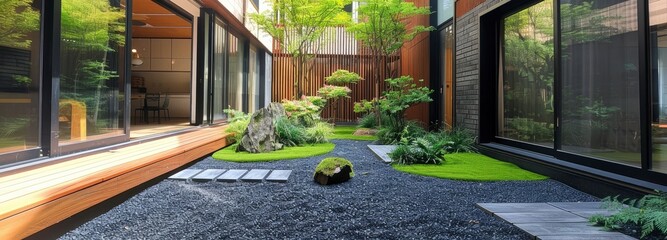 Modern Japanese-style courtyard with green moss and plants. - obrazy, fototapety, plakaty