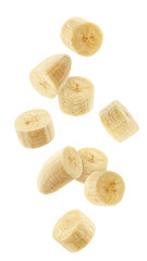 Falling Banana slice, peeled fruit, isolated on white background, full depth of field