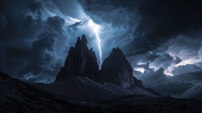 the image of lightning striking a towering mountain peak, a flash of light splitting the dark sky to form a mountain silhouette, displaying the majesty and majesty of nature. Ai Generated Images