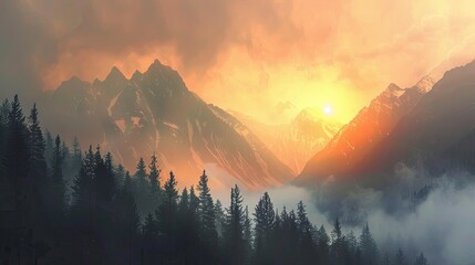 Sunrise in mountains. Generative AI