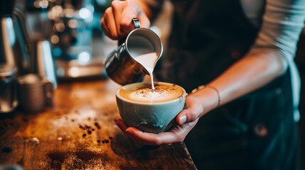Barista Pouring Milk into a Coffee Cup with Latte Art in a Cozy Cafe