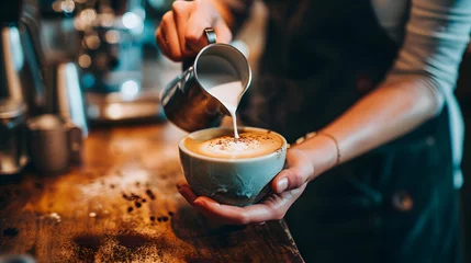Foto op Plexiglas Barista Pouring Milk into a Coffee Cup with Latte Art in a Cozy Cafe © John