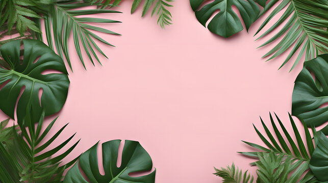 Frame with Tropical leaves on a pink background with copy space, top view