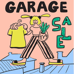 color poster for a garage sale in doodle style in vector. template for poster banner advertising postcard sticker design