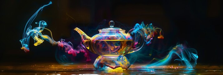 A crystal-clear teapot filled with swirling patterns of colorful ink, resembling a mesmerizing work of abstract art. 
