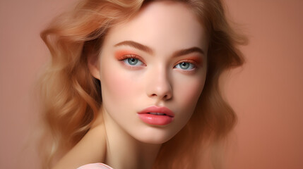 Peach Toned Beauty Makeup on a Young Woman with Wavy Hair