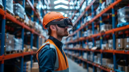 Foto op Plexiglas Augmented Reality Picking warehouse workers wearing AR glasses or headsets, which provide real-time picking instructions and navigation cues for faster and more accurate order fulfillment. © CraftyImago