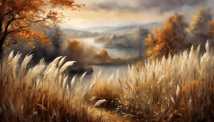 Naklejka premium Malowane jesienne trawy, tapeta, dekoracja. Generative AI