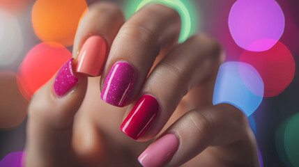 Glamorous Pink and Glitter Manicure with Bokeh Lights Background