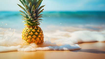 Tropical Summer Concept Pineapple Beach Ocean Waves - obrazy, fototapety, plakaty