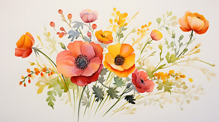 Vibrant Watercolor Floral Arrangement with Poppies and Wildflowers on Ivory Background