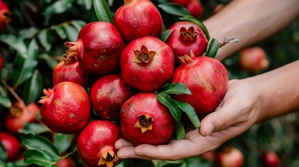 Hand holding ripe pomegranate with selection on blurred background, copy space available