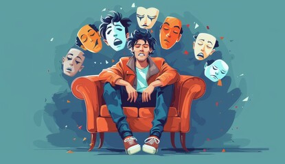 flat illustration of an attractive man sitting on the couch with his hands in front, surrounded by sad and happy masks floating around him