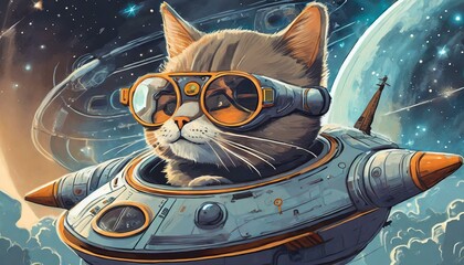우주선을 탄 안경낀 고양이