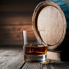 glass of Scotch whiskey with a barrel. On a wooden background.