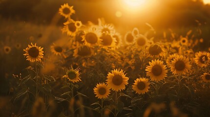 A field of sunflowers basks in the golden light of sunset, their faces turned towards the fading sun. - obrazy, fototapety, plakaty