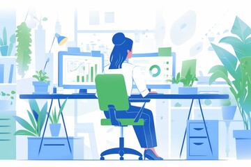 Minimalist illustration of woman sitting at her desk in office.