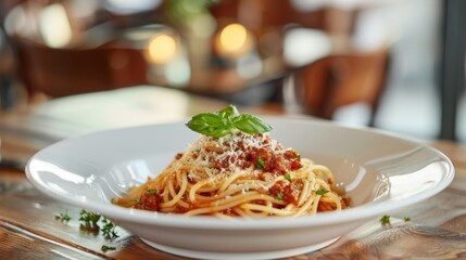 Spaghetti Bolognese on white plate on wooden table. Traditional Italian food. Pasta with meat and cheese.