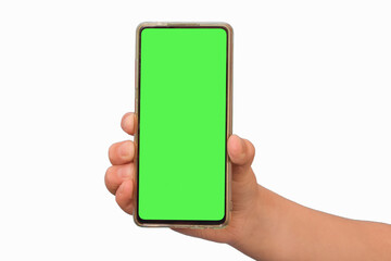 Smartphone with a green screen in a child's hand on a white background. Greenscreen