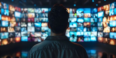 depicts the back view of a person engrossed in a multi-screen display, symbolizing the captivating and immersive experience of binge-watching content across various digital streaming