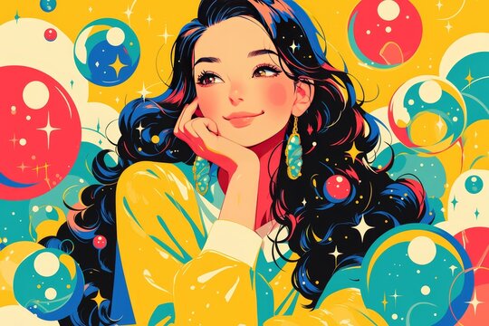 Pop art illustration of a smiling woman with long curly hair, surrounded by colorful balls and bubbles