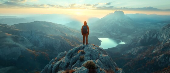hiker enjoys a serene lake view from a mountain perch, embodying adventure, hiking, and the tranquility of outdoor travel