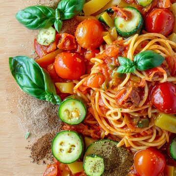 Italian food cooking ingredients for tomato pasta with vegetables and spices.