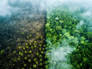 Dramatic Boundary Between Lush Forest and Cleared Land: A Visual Representation of Deforestation
