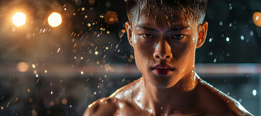 young man Thai boxer in a fighting stance with a stern look at the camera,blurred background - obrazy, fototapety, plakaty