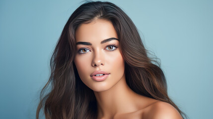 Fototapeta premium Beautiful, elegant, sexy Latino, Spain woman with perfect skin, on a light blue background, banner.