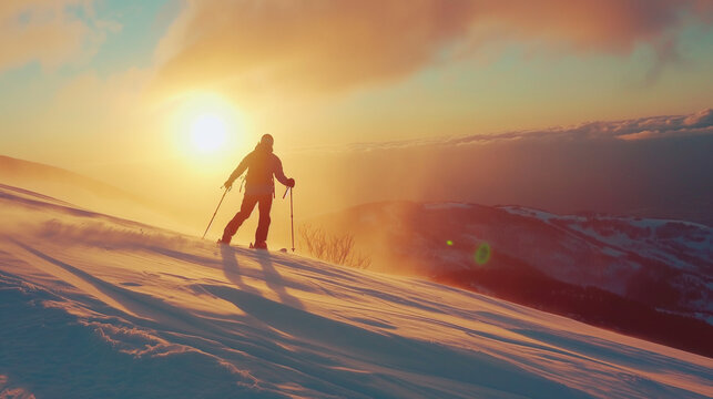 A lone skier against the backdrop of a stunning sunset over a snow-blanketed landscape