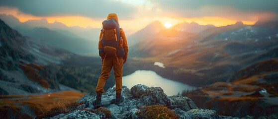 Adventurer in warm attire sits on a rock facing a peaceful mountain lake, highlighting the beauty of nature and the spirit of outdoor travel. - obrazy, fototapety, plakaty