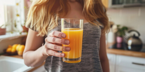 young woman holding a glass of orange juice against the background of a modern light kitchen - obrazy, fototapety, plakaty