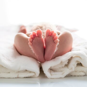 Newborn baby's feet on white towels