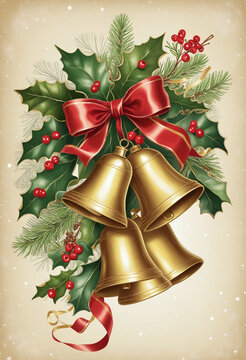christmas bells with holly and ribbon vintage illustration isolated on a transparent background