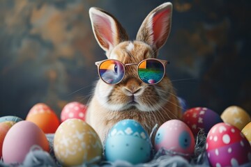 Fototapeta na wymiar Cute Easter bunny with sunglasses surrounded by colorful eggs, Easter concept, copy space for text