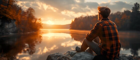 Fototapeta premium Backpacker contemplates a calm lake surrounded by autumnal mountain scenery, symbolizing a journey of adventure, hiking, and connection with nature