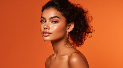Beautiful, elegant, sexy Latino, Spain woman with perfect skin, on an orange background, banner. - obrazy, fototapety, plakaty
