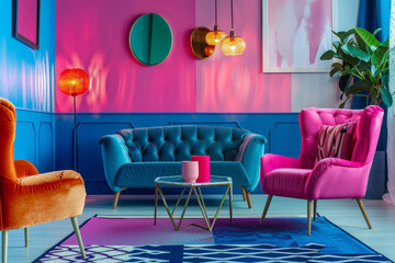 Vibrant Modern Living Room with Blue and Pink Decor