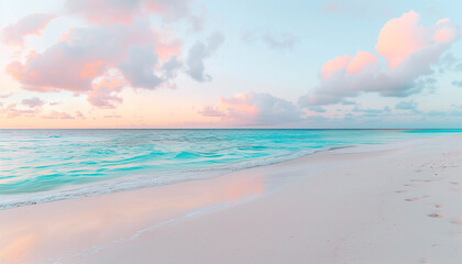 Serene sunrise at a tranquil beach with pastel-colored sky and pristine sandy shore.