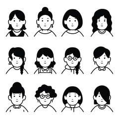 Women silhouette collection in black color, avatar, silhouette, profile, character, collection vector illustration