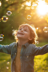 child with soap bubbles is smiling and dancing at the park