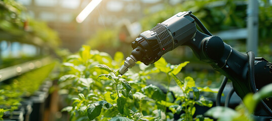 Smart agriculture, automated industrial robotic arm picking plants in greenhouse