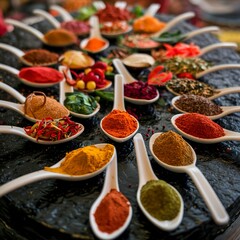 Spices in the spoons over a black stone table