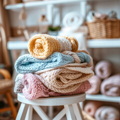 A stack of woolen blankets, knitted with intricate patterns, rests on a wooden stool. The mix of textures between the wool and wood creates a cozy and artistic display - 761309570