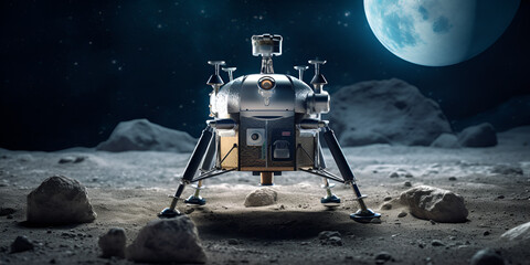 Lunar lander on the moons surface with earth in background, Indian chandrayaan 3 landing on moon from space, Generative AI - obrazy, fototapety, plakaty